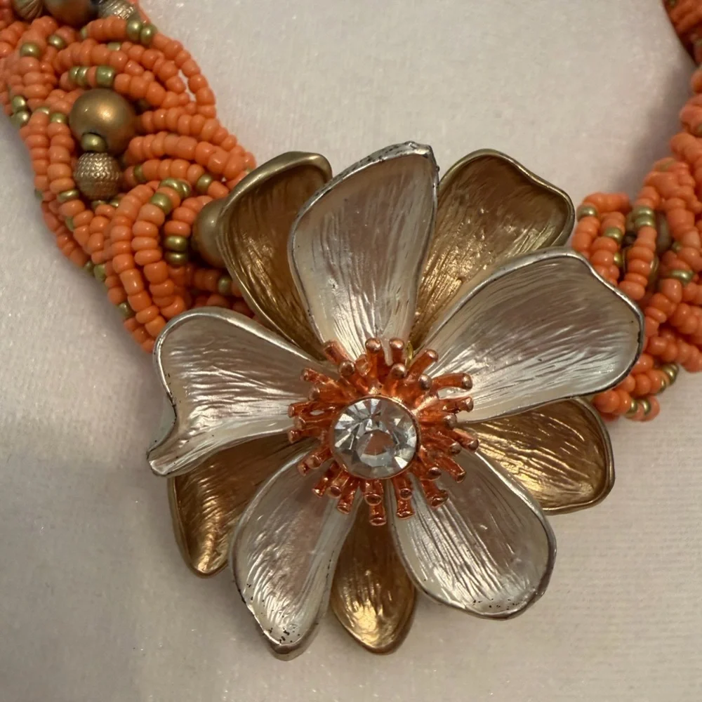 #764 Orange Beaded Statement Flower Necklace | Signed ✴️ Chunky Funky‎ & Bold ✴️